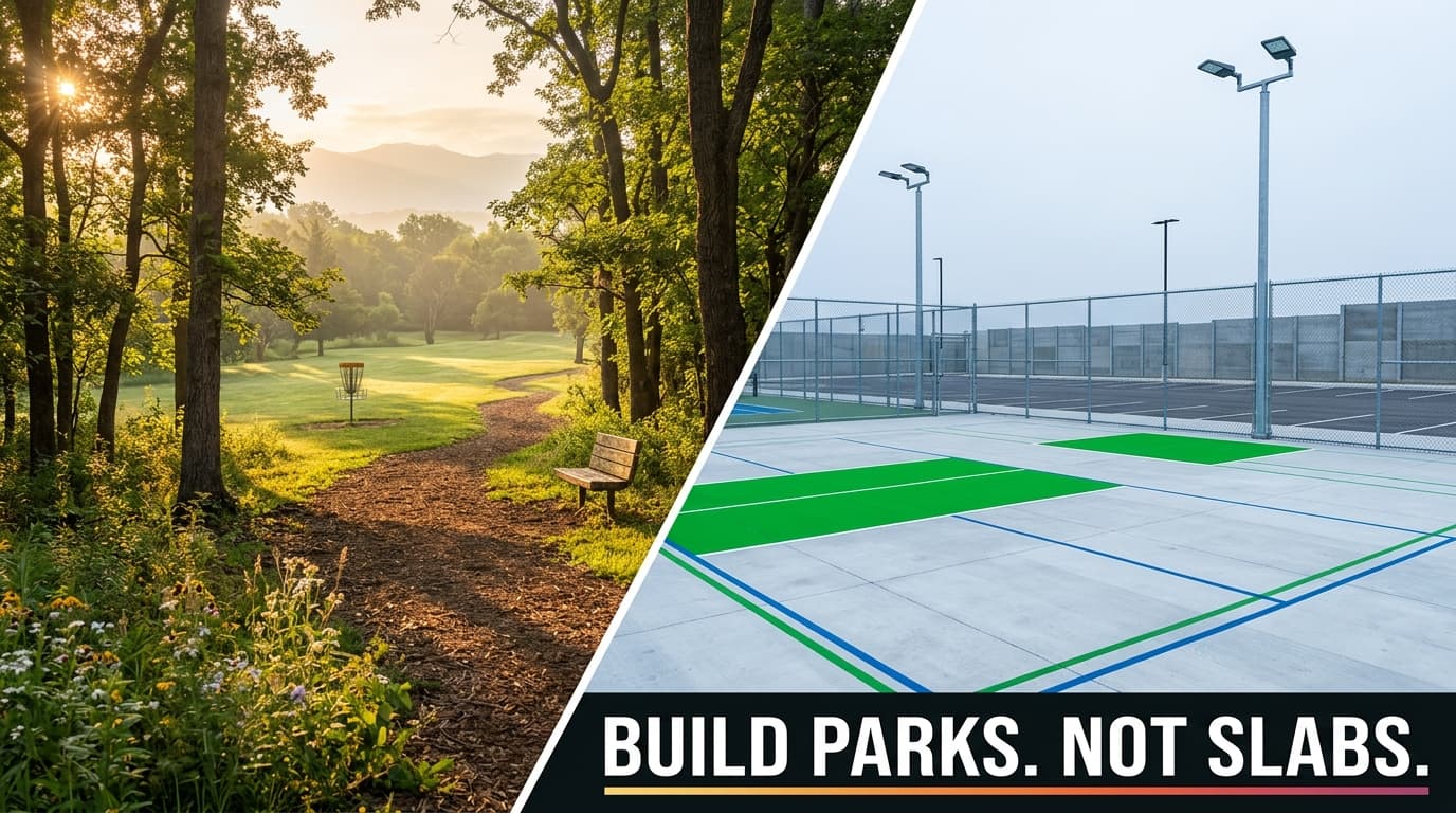 Side by side: a beautiful disc golf course trail through trees at golden hour vs. empty concrete pickleball courts under flood lights. Build parks. Not slabs.